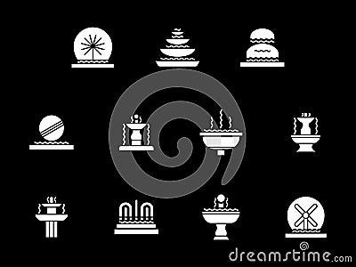 White glyph decorative fountains icons set Stock Photo