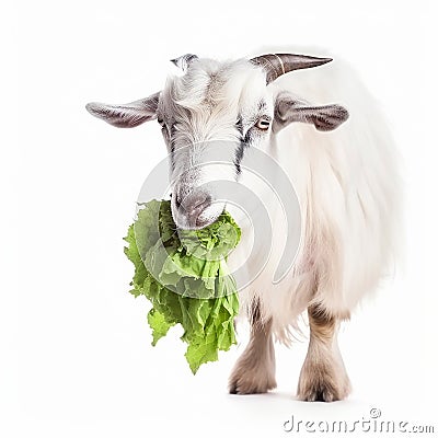 White goat chews cabbage on a white background close-up, Stock Photo
