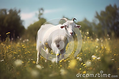 White goat grazes in a field with green grass and dandelions on a sunny day. Horned goat walks on a green meadow. Generative AI Stock Photo