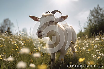 White goat grazes in a field with green grass and dandelions on a sunny day. Horned goat walks on a green meadow. Generative AI Stock Photo