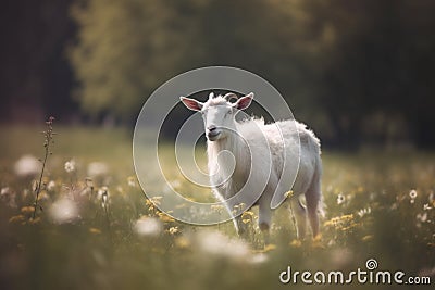 White goat grazes in a field with green grass and dandelions on a sunny day. Horned goat walks on a green meadow. Generative AI Stock Photo