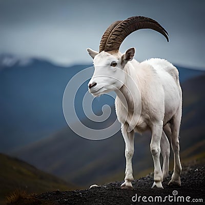 A white goat with horns standing on a rocky hill Stock Photo