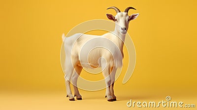 A white goat standing against a vibrant yellow backdrop Stock Photo