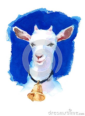 White Goat Wearing a Bell Watercolor Hand Painted Farm Animals Illustration on bright blue background Cartoon Illustration