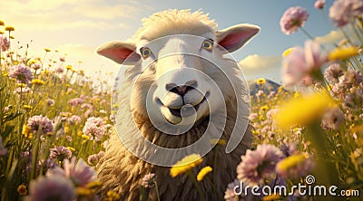 a white goat with yellow eyes in a field of flowers Stock Photo