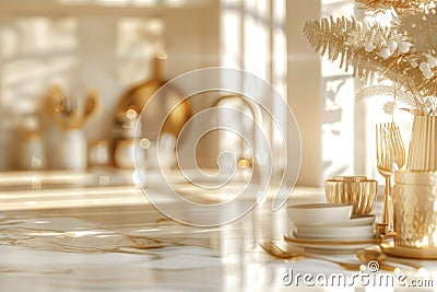 White Gold Kitchen Countertop on Blurred Background, Luxury Table Mockup, Generative AI Illustration Stock Photo