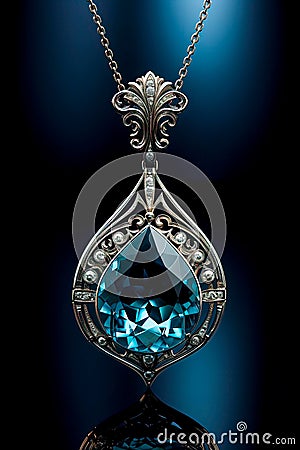 White Gold Necklace with Blue Aquamarine and Diamonds Stock Photo