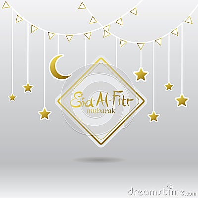 White and Gold Square Eid al Ftir with Gold stars and crescent moon Decorations Vector Design. Ramadan Mubarak. Stock Photo