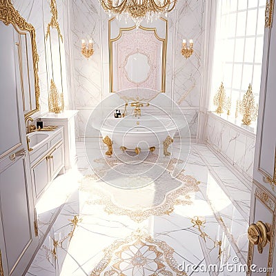 White and Golden Luxury Bath Room with Gold Wall and Floor Stock Photo