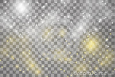 White and golden sparks and stars glitter special light effect. Vector sparkles on transparent background. Christmas Vector Illustration