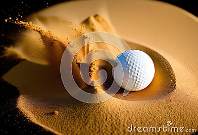 White golf ball in golden dry sand explosion on black background Stock Photo