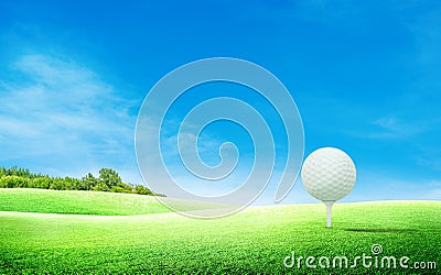White golf ball on tee and green grass meadow field with blue sky and trees. Stock Photo