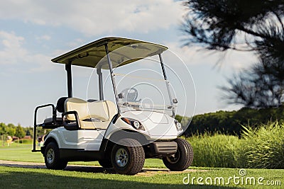 White golf cart stands on a green background Stock Photo