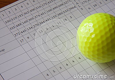 White Golf Scorecard and yellow ball. Stock Photo