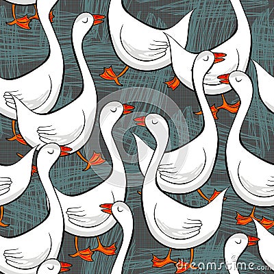 White gooses on messy gray seamless pattern Vector Illustration