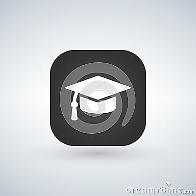 White Graduation Cap icon on black app web button, illustration. Cartoon Illustration