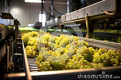 White grapes are lying on a conveyor belt at the white wine production facility in the winery Stock Photo