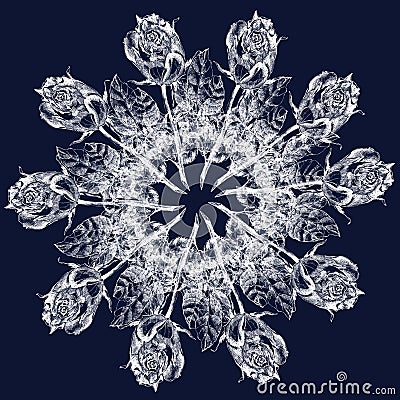 White graphic rose snowflake on a blue background. Floral pattern. Stock Photo