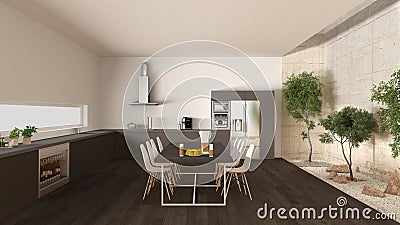 White and gray kitchen with inner garden, minimal interior design Stock Photo