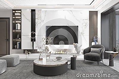 White and Gray Living Room with Marble tile Background, Wall Book-Shelf, Luxury Showpiece Stock Photo