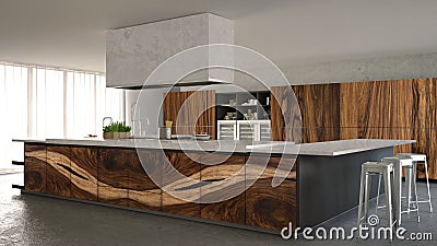 White and gray minimalistic kitchen, with classic wood fittings, luxury interior design Stock Photo