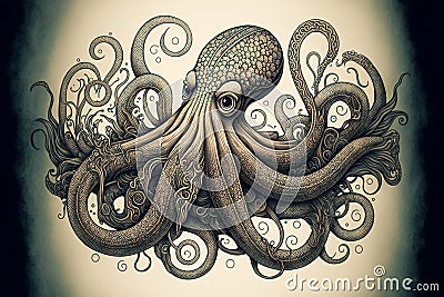 White gray picture with octopus sea with curved powerful tentacles Stock Photo