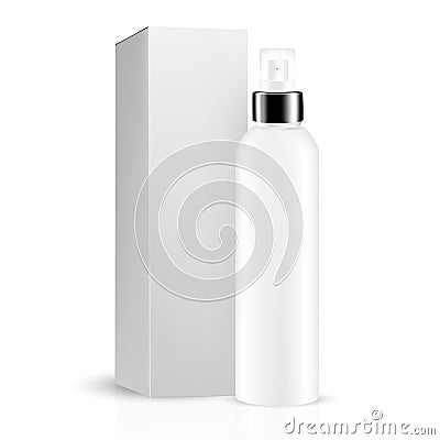 White gray round bottle sprayer with black lid, box included for cosmetic/perfume Vector Illustration