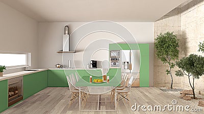 White and green kitchen with inner garden, minimal interior design Stock Photo