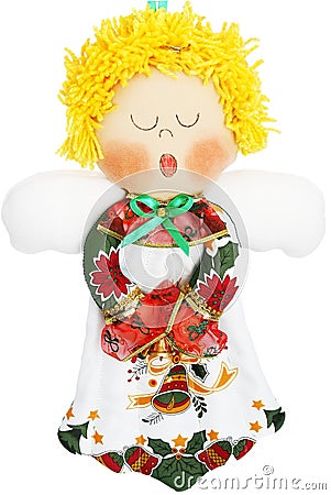 White, Green and Red Christmas Angel Doll on White Background Stock Photo