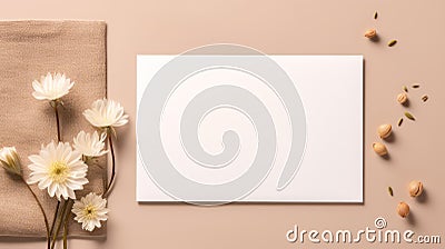 White Greeting Card Mockup with Subtle Boho Floral Touch. Feminine Stationery Presentation. Event Invitation. Generative AI Stock Photo