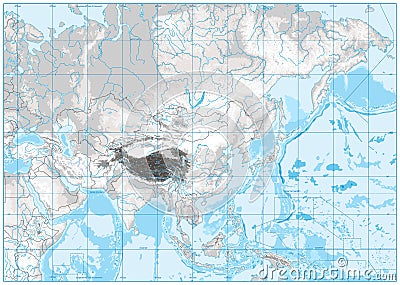 White and grey color physical map of Asia. No text. Vector Illustration