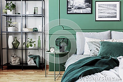 White, grey and green classy bedroom interior design Stock Photo