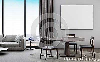 White and grey living room with sofa, dining table, mockup poster. Stock Photo