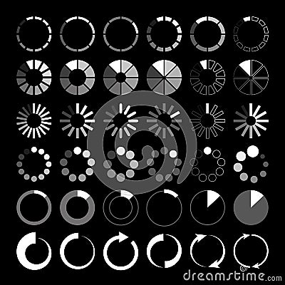 White and grey loading icons on black background Vector Illustration