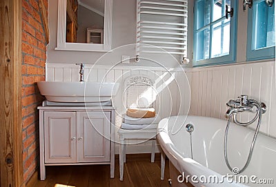 White grey rustic bathroom with window Stock Photo