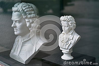 White gypsum busts of Ludwig van Beethoven and Wolfgang Amadeus Mozart, famous composers Stock Photo