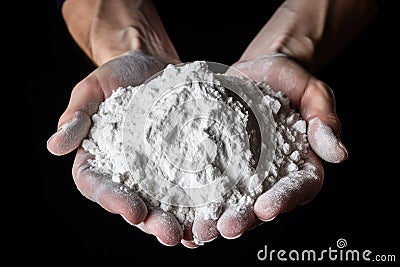 White Gypsum Powder in Hands, Clay or Diatomite Isolated, Hands Hold Powdered Chemicals, AI Stock Photo