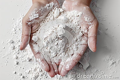 White Gypsum Powder in Hands, Clay or Diatomite , Hands Hold Powdered Chemicals, AI Stock Photo