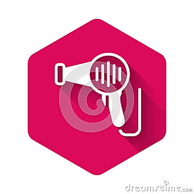 White Hair dryer icon isolated with long shadow background. Hairdryer sign. Hair drying symbol. Blowing hot air. Pink Vector Illustration