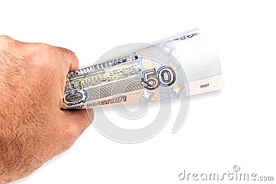 A man offering fifty russian rubles banknote Stock Photo