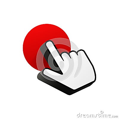 White hand cursor for computer click on red button. Vector Illustration