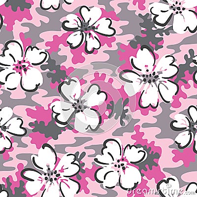 White Hand Drawn Flowers on Pink Camo Background Vector Seamless Pattern. Cute Camouflage. Vector Illustration