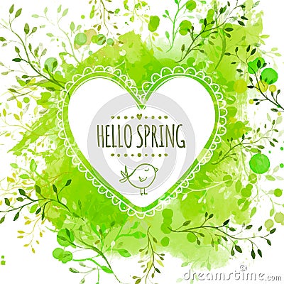 White hand drawn heart frame with doodle bird and text hello spring. Green watercolor splash background with leaves. Creative Vector Illustration
