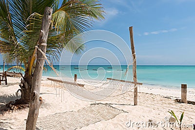 White handmade hammock with palm tree on Zanzibar beach Stock Photo