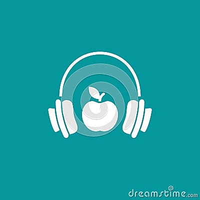 White headphones with apple icon. Flat vector earphones isolated on blue Stock Photo