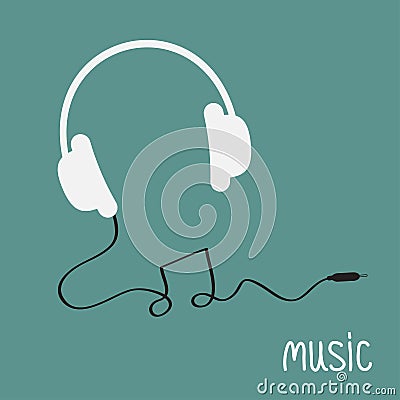 White headphones with black cord in shape of note word Music background card. Flat design Vector Illustration