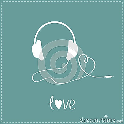 White headphones and cord in shape of heart. Blue background. Vector Illustration