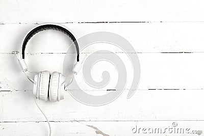 White headphones with wire on white background Stock Photo