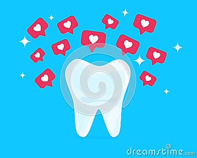 White healthy beautiful tooth with hearts, social media like icons. Concept of dental health care, cleaning teeth Vector Illustration