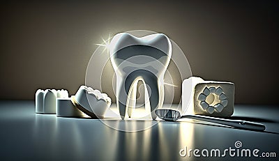 White healthy tooth, different tools for dental care, Generative Ai Stock Photo